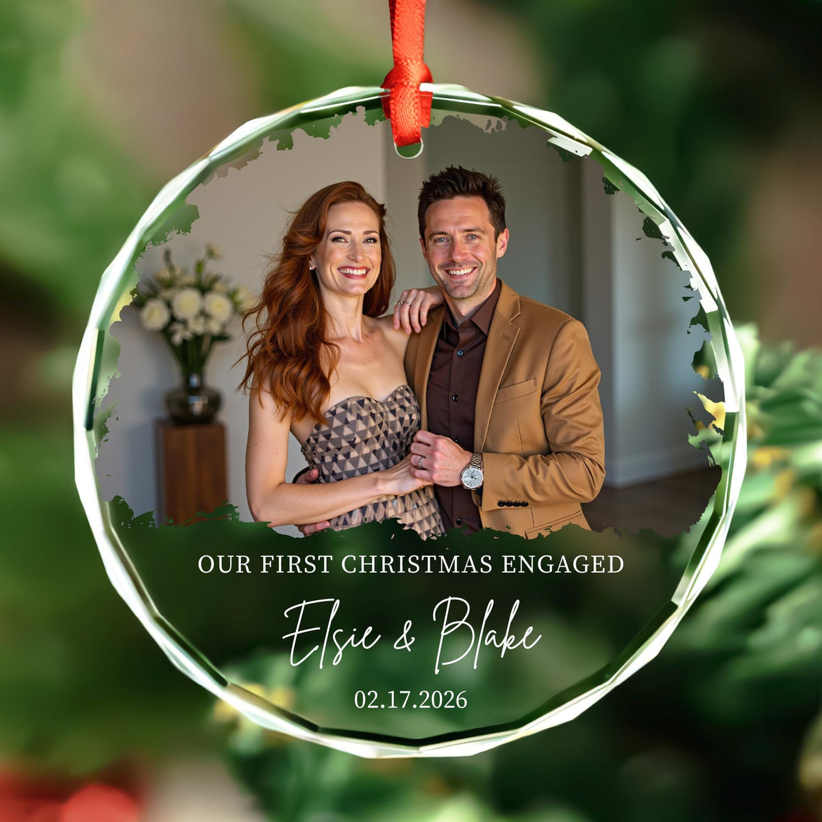 Personalized first Christmas engaged round glass photo ornament with brush stroke frame, names and date