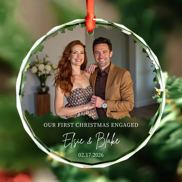 Our First Christmas Engaged Photo Ornament with Brush Stroke Frame, Names and Date, Personalized Glass Keepsake