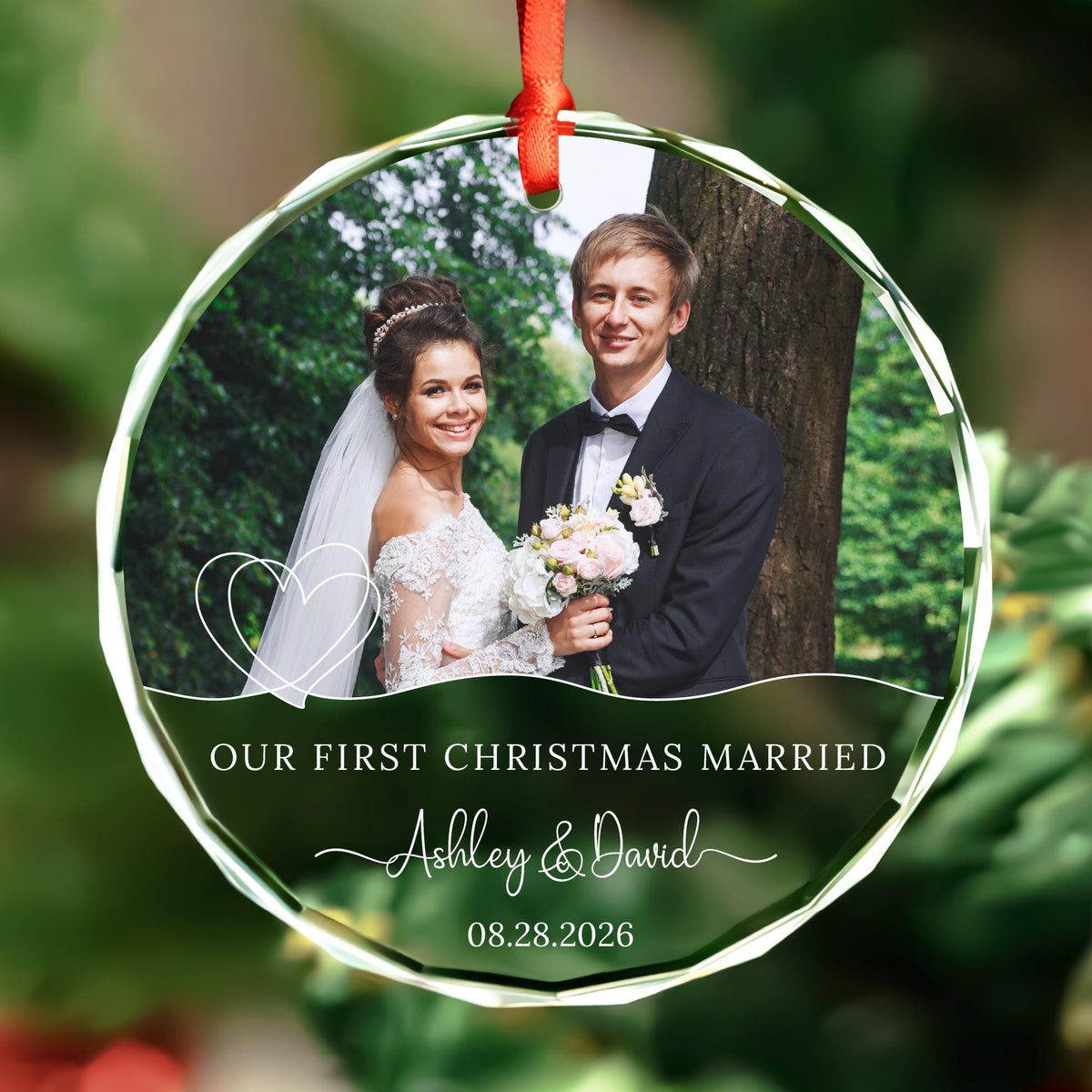 First Christmas married photo ornament with heart line design