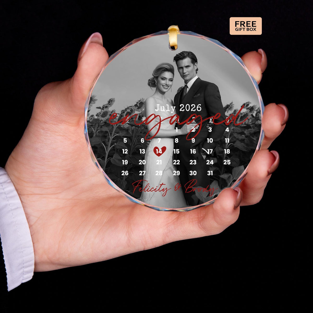 Married calendar photo keepsake ornament with a red heart on the wedding day