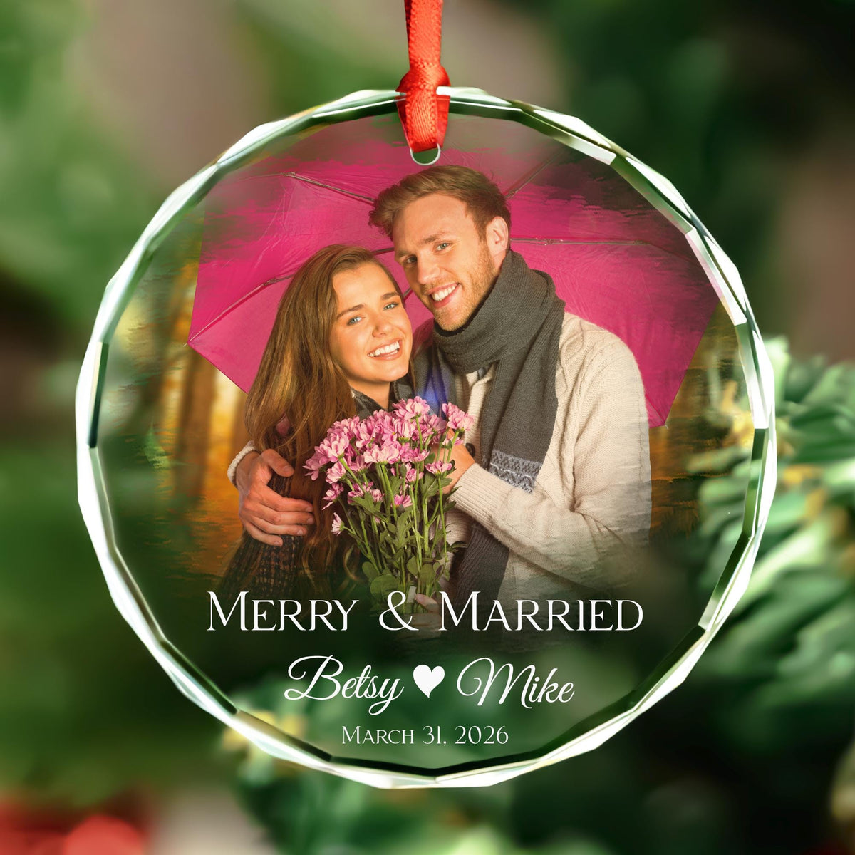 Personalized Merry and Married round glass photo ornament with painted-style photo, names and date