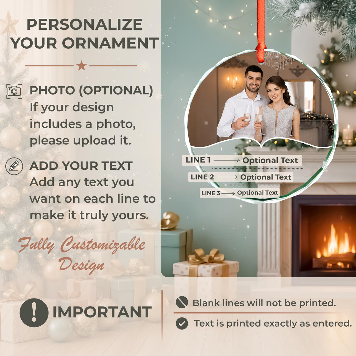 Newlywed wedding photo glass Christmas ornament in round and oval glass