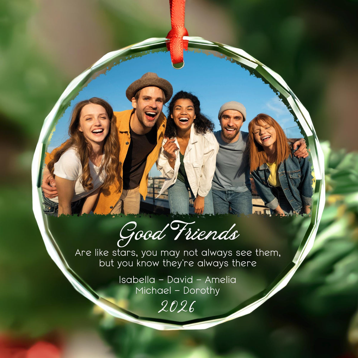 Personalized best friends group photo glass ornament with names and stars quote