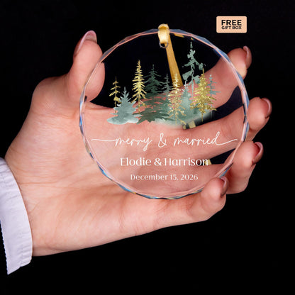 Newlywed Christmas ornament in round, heart and oval glass shapes