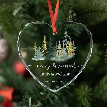 Personalized Merry and Married heart glass ornament with watercolor forest and gold glitter pines, names and date