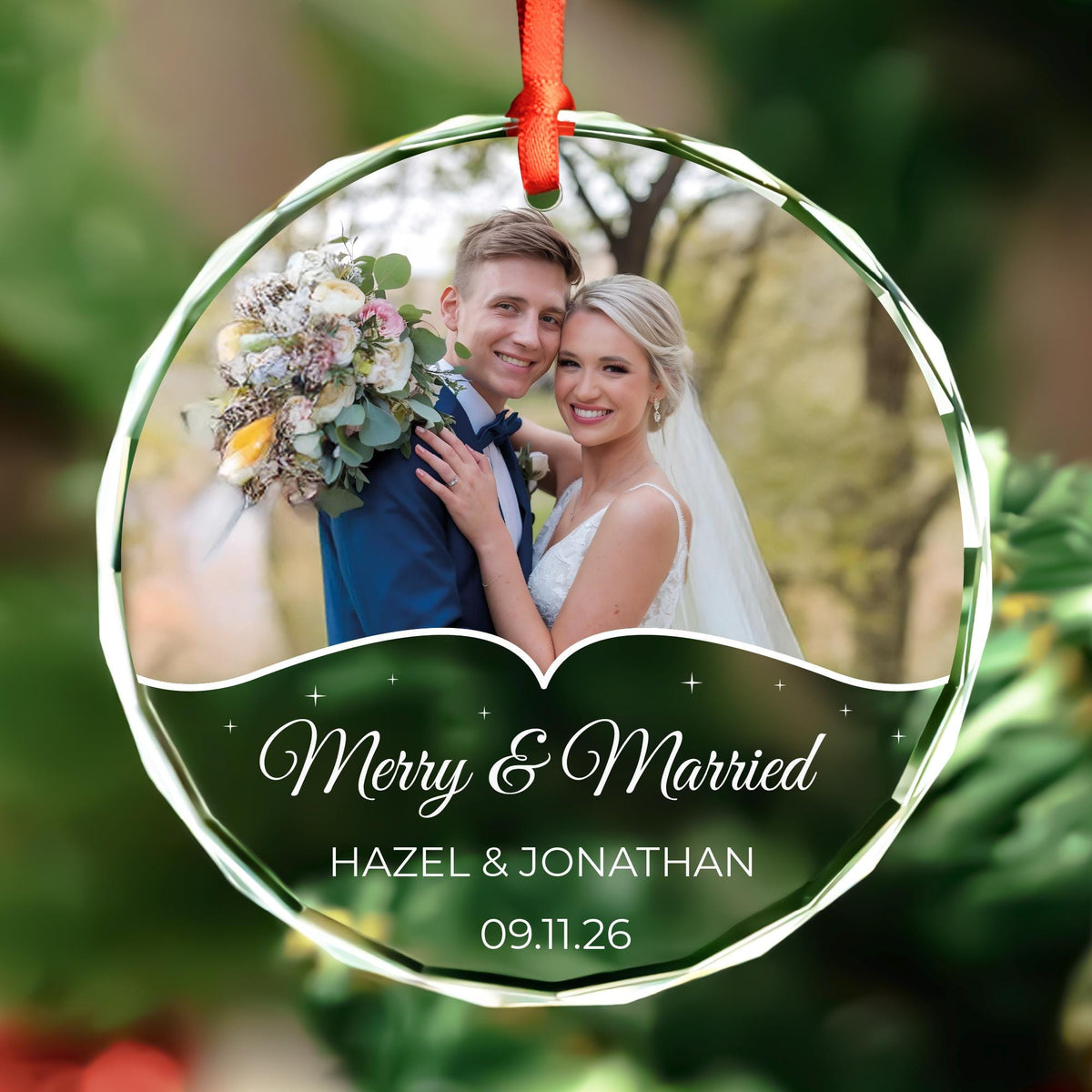 Wedding gift photo ornament with names and date