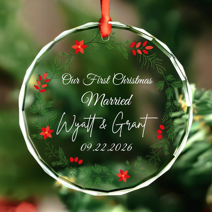 Personalized first Christmas married round glass ornament with poinsettia and pine wreath