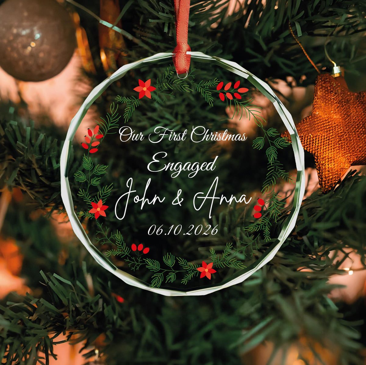 Married ornament with red poinsettia and pine wreath, names and date