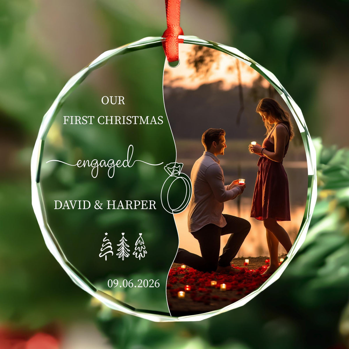 Engaged half photo ornament in round and heart glass shapes