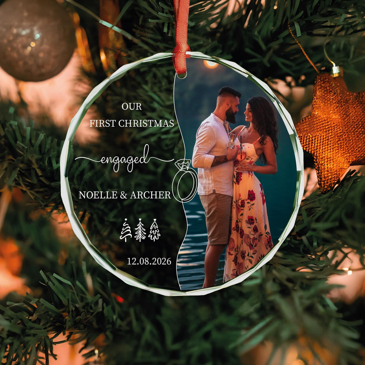 Engagement proposal photo glass Christmas ornament with names and date