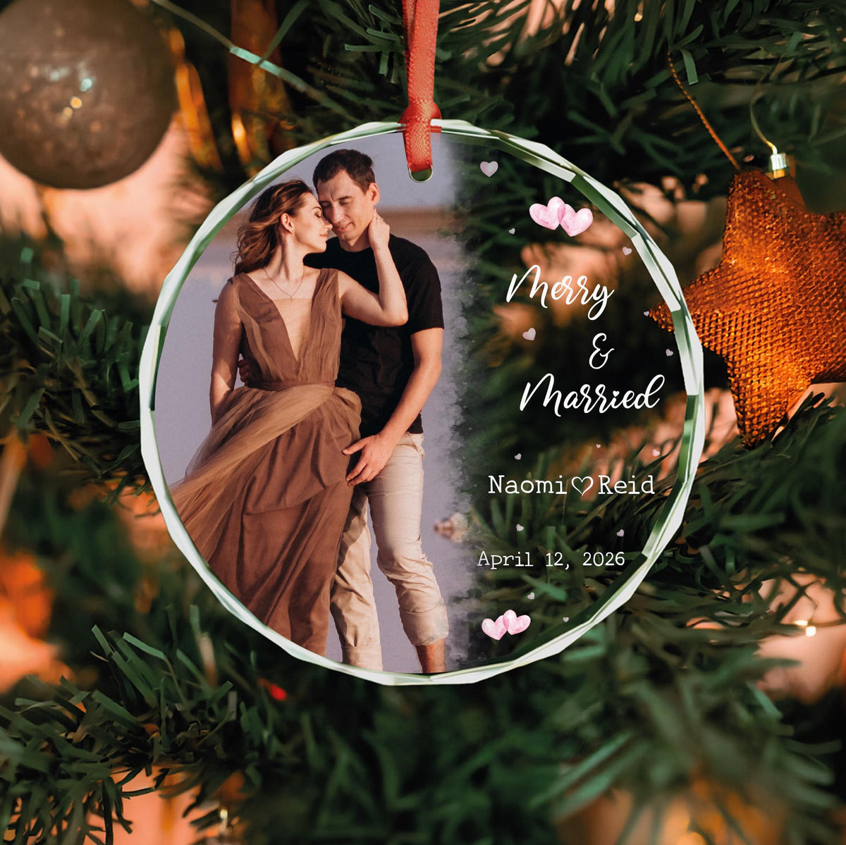 Engagement couple photo glass Christmas ornament with pink hearts