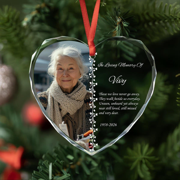 In Loving Memory Heart Photo Ornament with Poem and Hearts Vine, Personalized Name and Years
