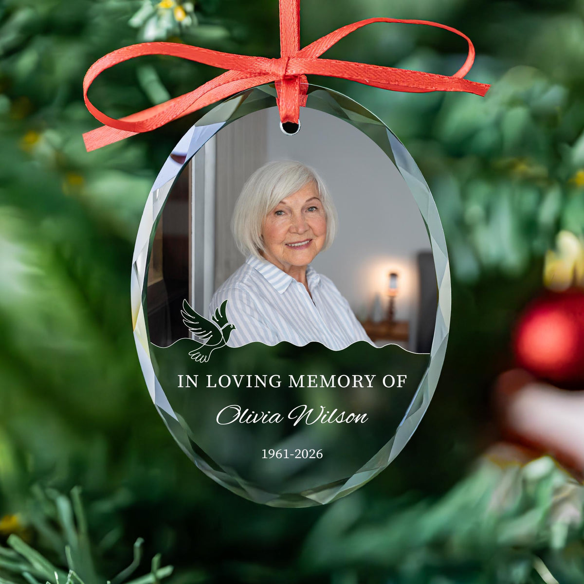 Memorial photo ornament with name and years