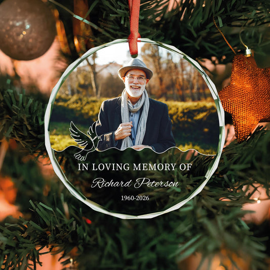 In loving memory round photo glass ornament with dove and wavy line