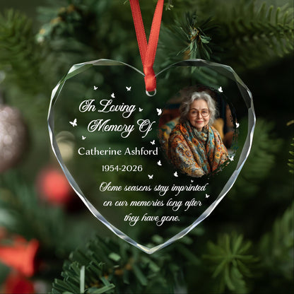 In loving memory heart glass ornament with butterflies and round photo