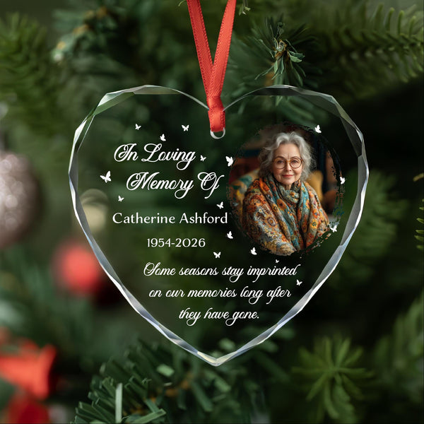 In Loving Memory Photo Ornament with Butterflies and Memory Quote, Personalized Name and Years