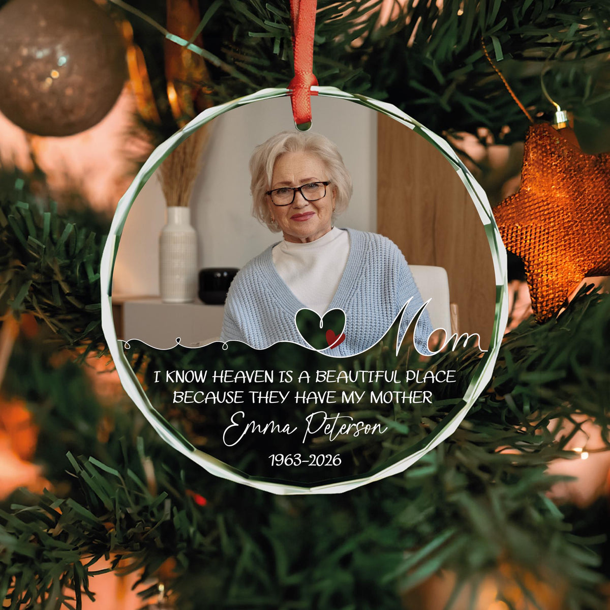 Loss of mom memorial round glass ornament with photo and heart line