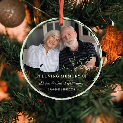 Couple memorial round photo glass ornament with doves