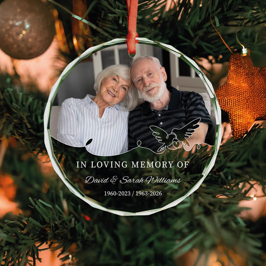 Couple memorial round photo glass ornament with doves