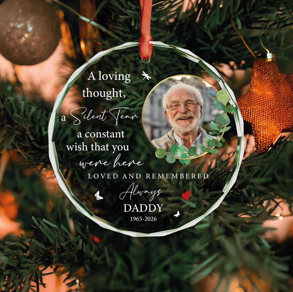 Loss of dad memorial round glass ornament with eucalyptus photo frame