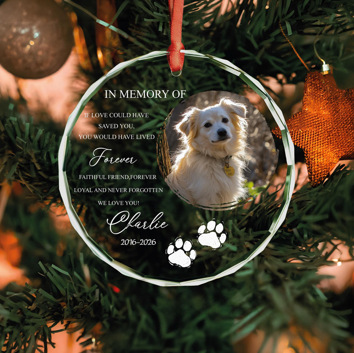 Dog remembrance glass Christmas ornament with paw prints