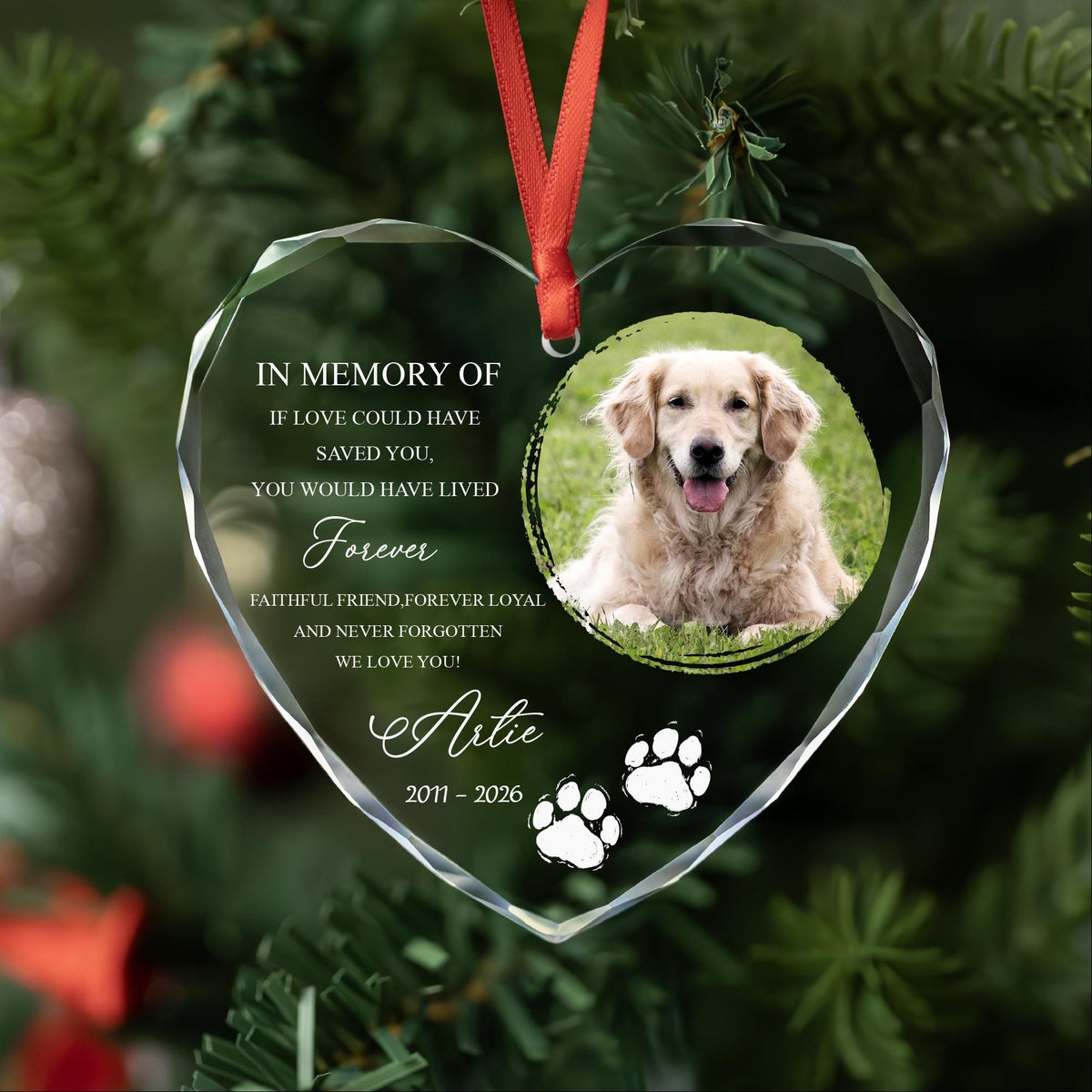 Personalized in memory of dog heart glass ornament with remembrance poem, photo, paw prints, name and years