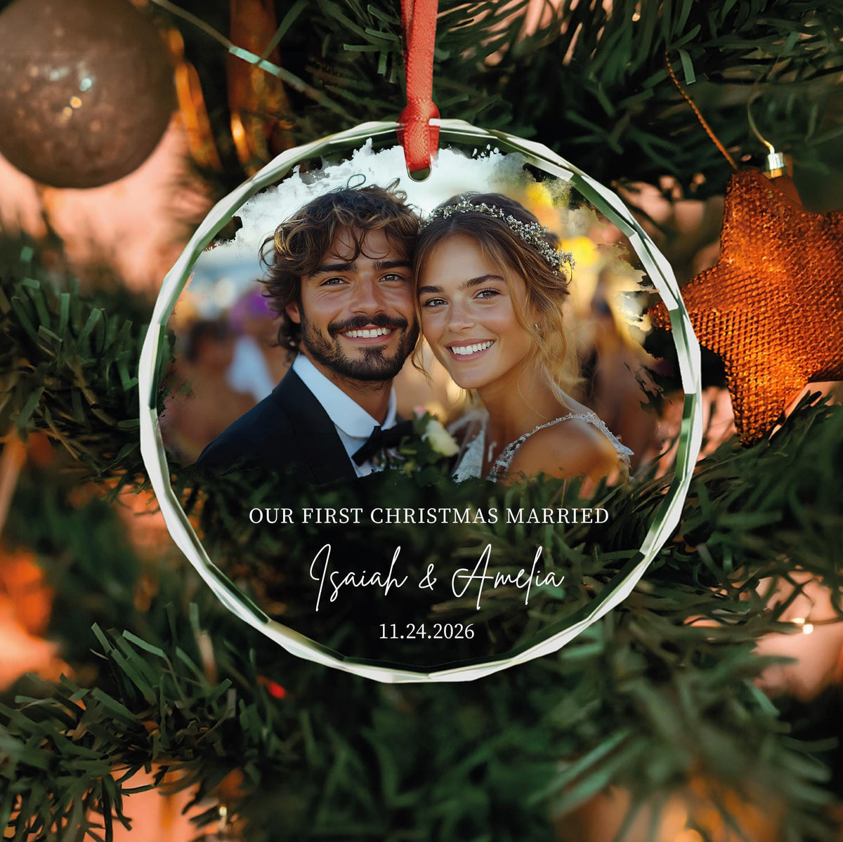 Engagement photo glass Christmas ornament with names and date