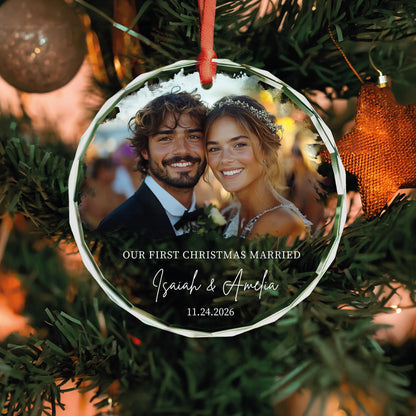 Engagement photo glass Christmas ornament with names and date