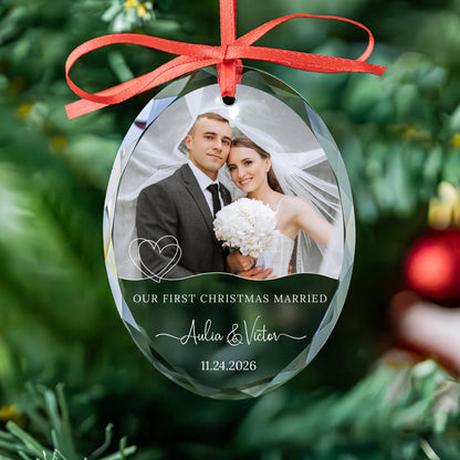 Personalized first Christmas married oval glass photo ornament with names and date