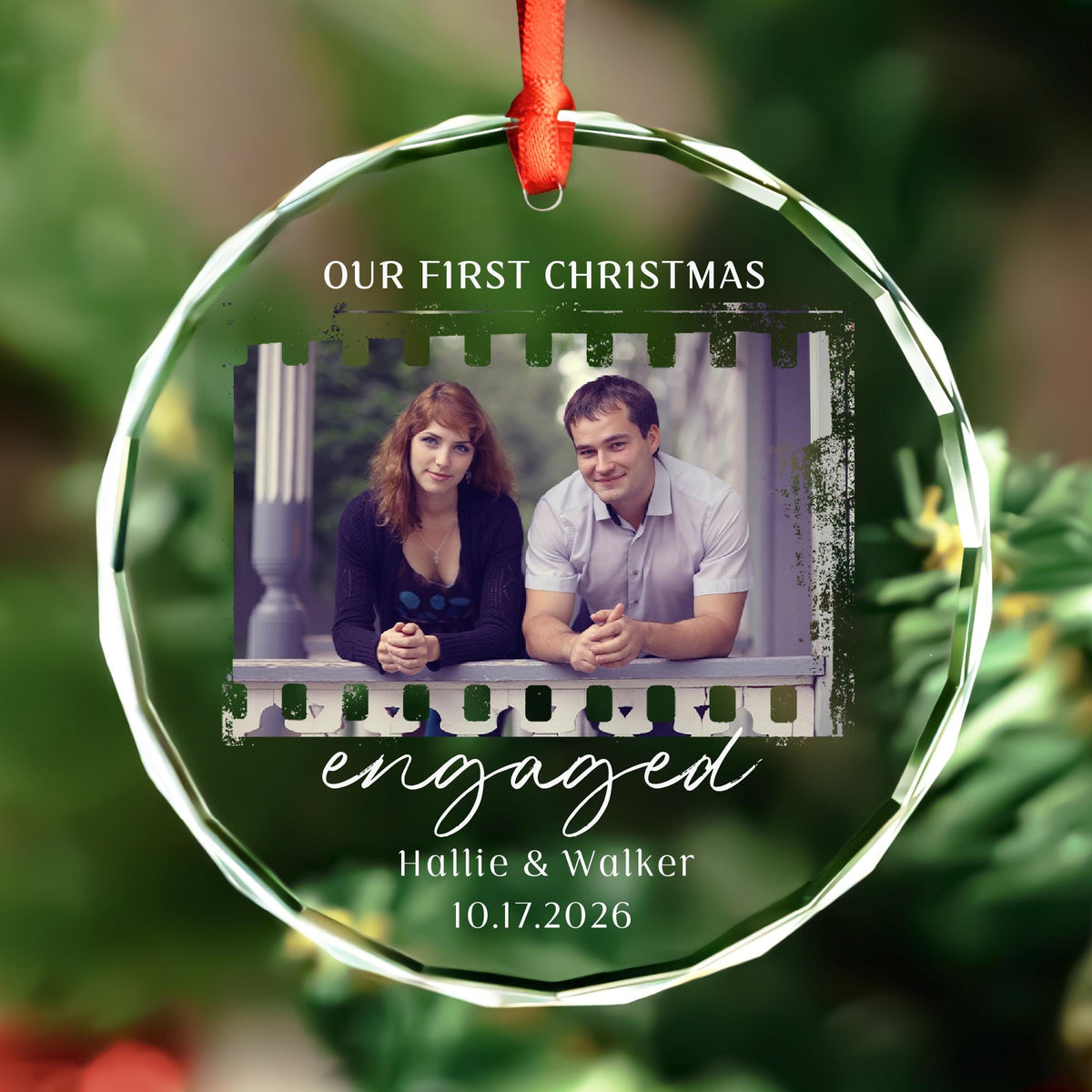 Black and white wedding photo ornament in a film strip frame
