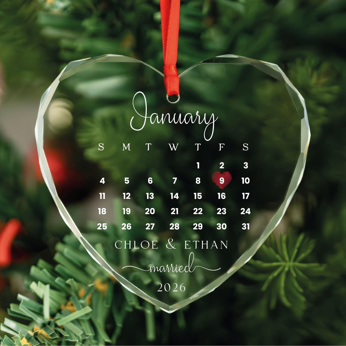 Personalized wedding date calendar heart glass ornament with names and year