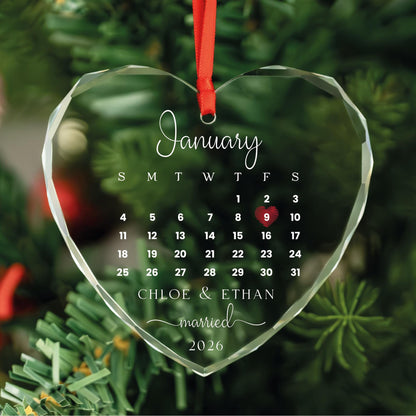 Personalized wedding date calendar heart glass ornament with names and year