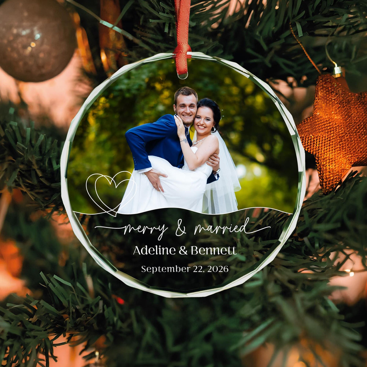 Mr and Mrs photo keepsake ornament with names and date
