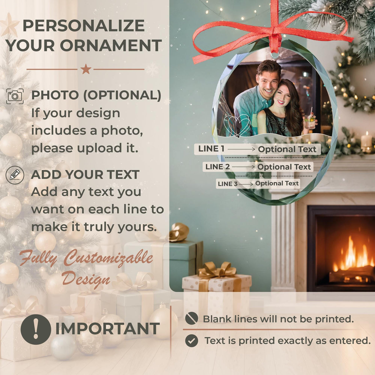 Newlywed couple photo glass Christmas ornament