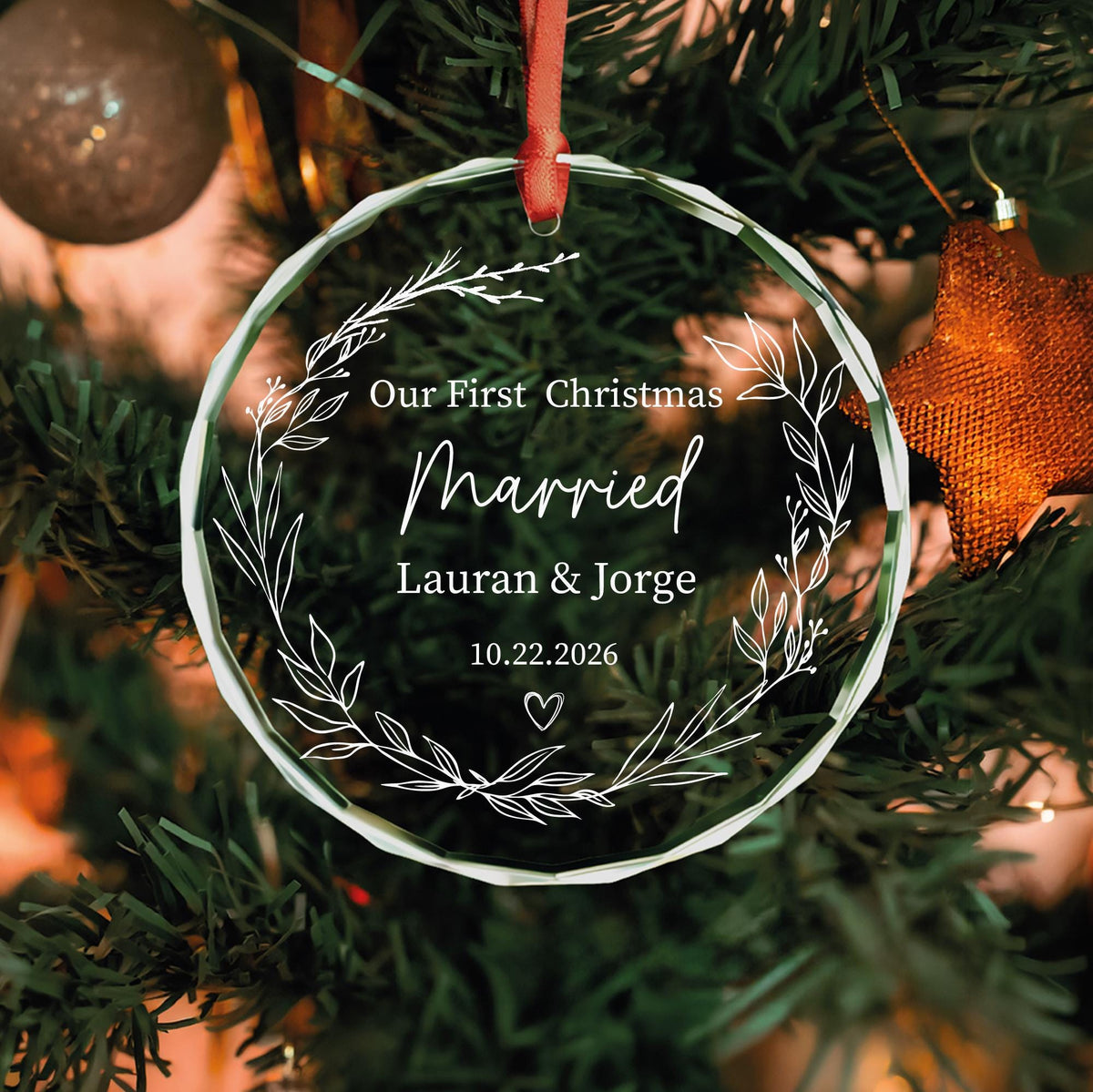 Newlywed leaf wreath glass Christmas ornament