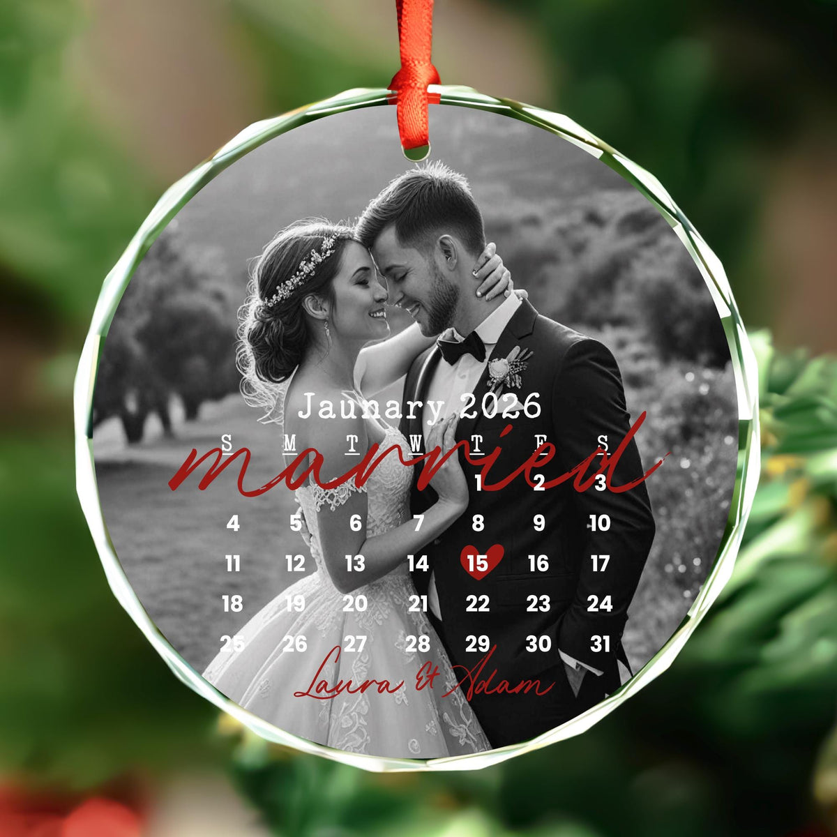 Wedding calendar photo glass Christmas ornament