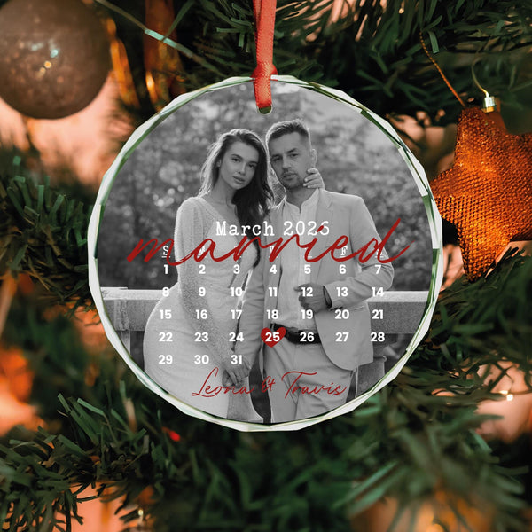 Wedding Date Calendar Photo Ornament with Black and White Photo, Names and Year, Personalized Glass Keepsake