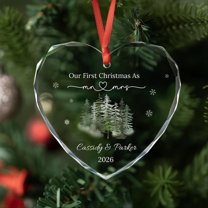 Personalized first Christmas as Mr and Mrs heart glass ornament with snowy forest, names and year