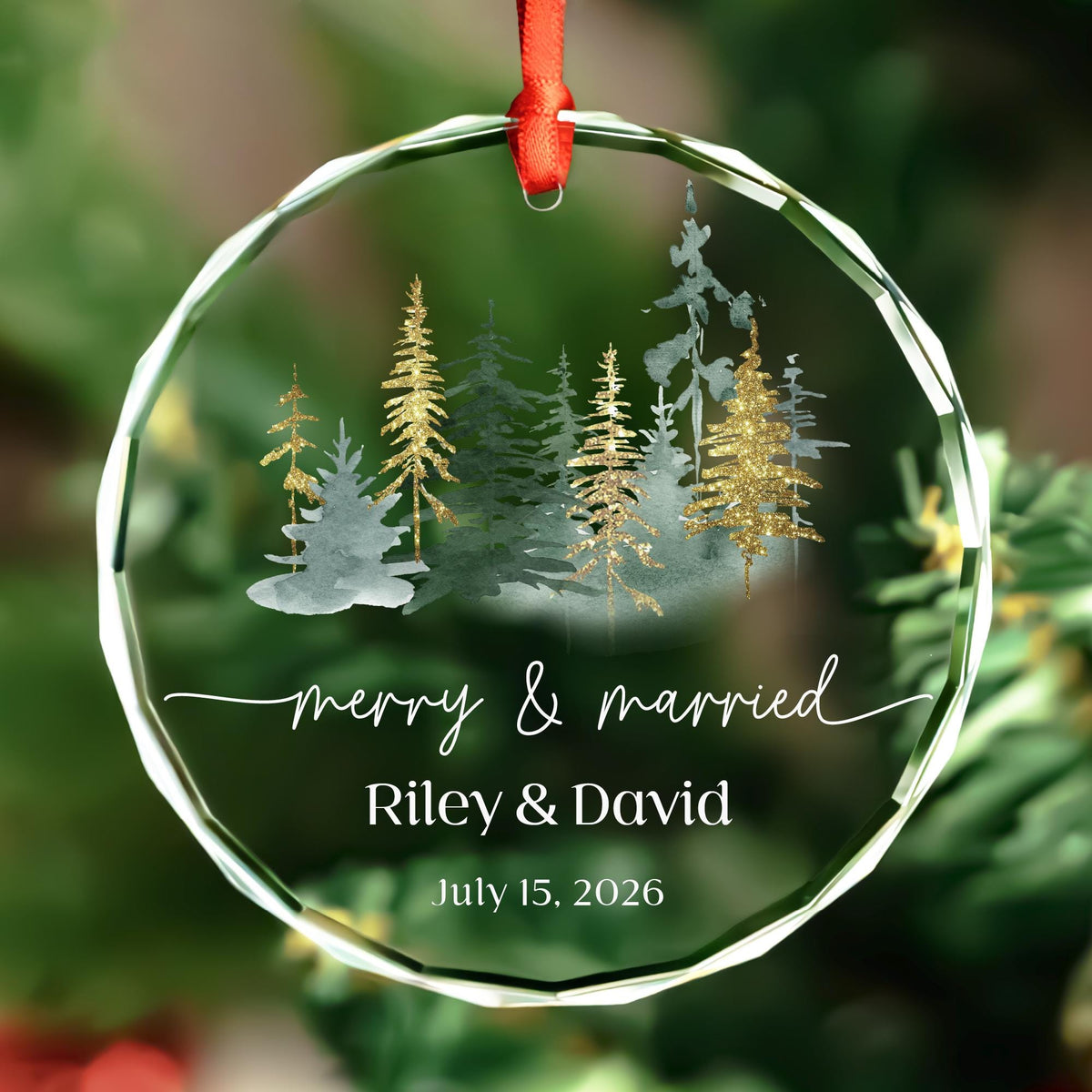 First Christmas married glass keepsake ornament with names and wedding date