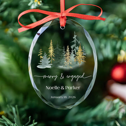 Merry and Married watercolor forest ornament with gold pine trees