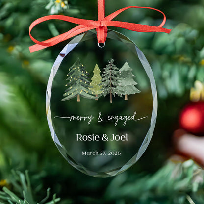Merry and Married watercolor trees ornament in round, heart and oval glass shapes