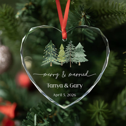 Personalized Merry and Married heart glass ornament with watercolor Christmas trees, names and date