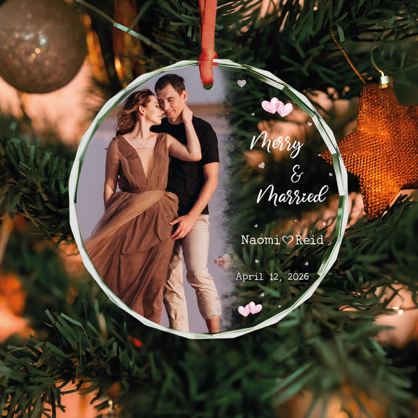 Merry and Married Photo Ornament with Watercolor Fade and Pink Hearts, Names and Date, Personalized Glass Keepsake