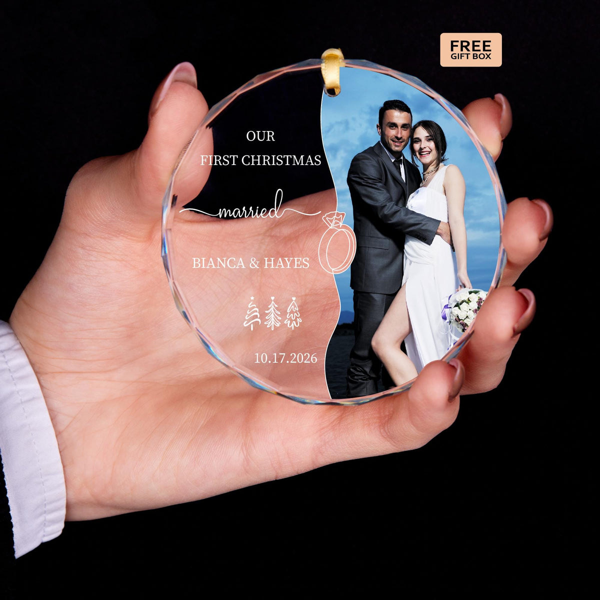 Newly engaged couple keepsake ornament with ring drawing