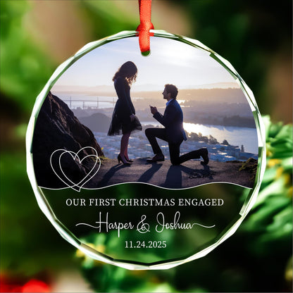 Personalized first Christmas engaged round glass proposal photo ornament with heart line art, names and date