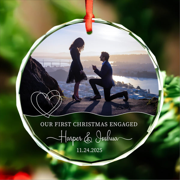 Our First Christmas Engaged Proposal Photo Ornament with Heart Line Art, Names and Date, Personalized Glass Keepsake