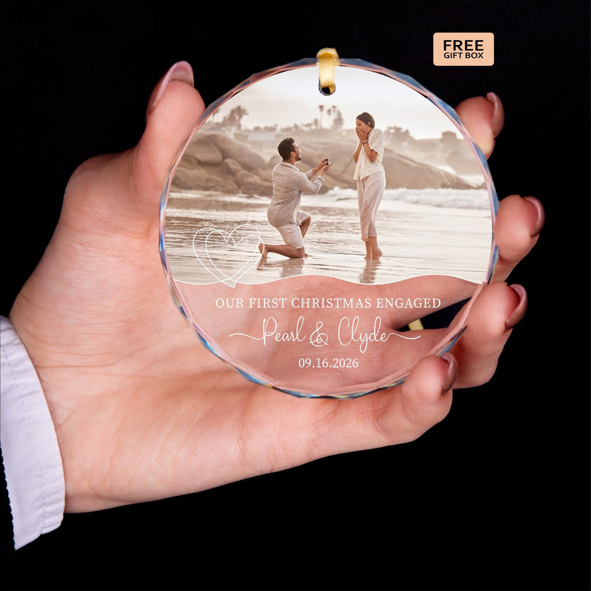 Engagement photo glass Christmas ornament with names and date