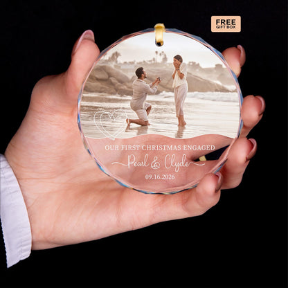 Engagement photo glass Christmas ornament with names and date