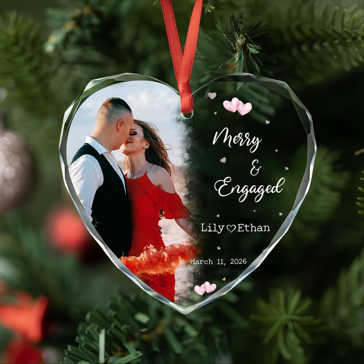 Merry and Engaged pink hearts photo ornament in round, heart and oval glass shapes
