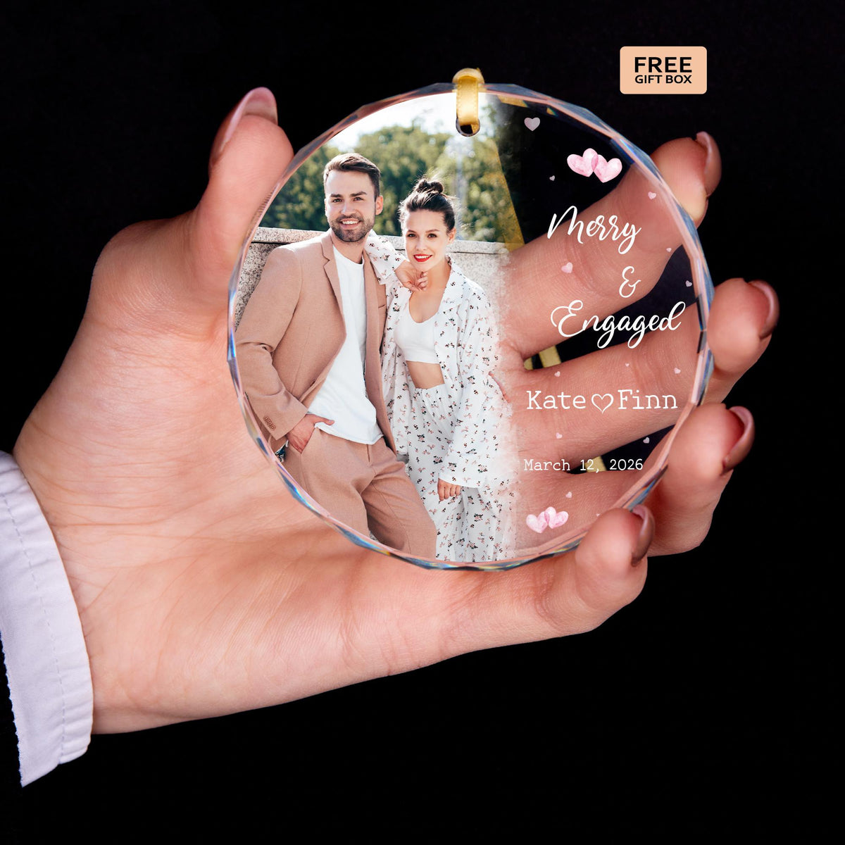 Newly engaged gift photo ornament with names and date